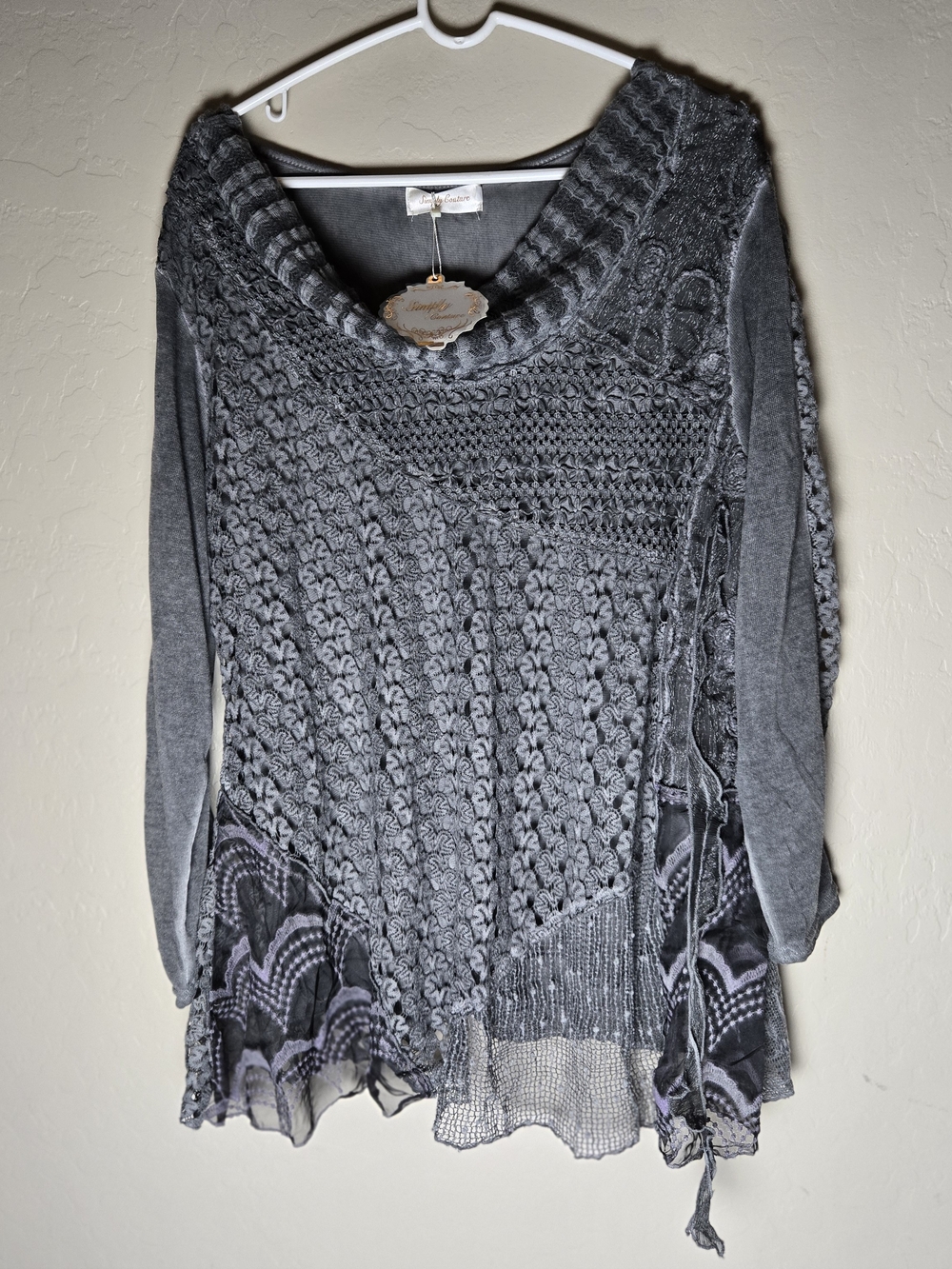 Simply Couture Gray Cowl Neck Crochet Boho Tunic Top 3XL